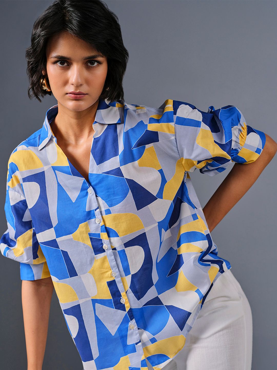 AND Geometric Print Extended Sleeves Cotton Shirt Style Top