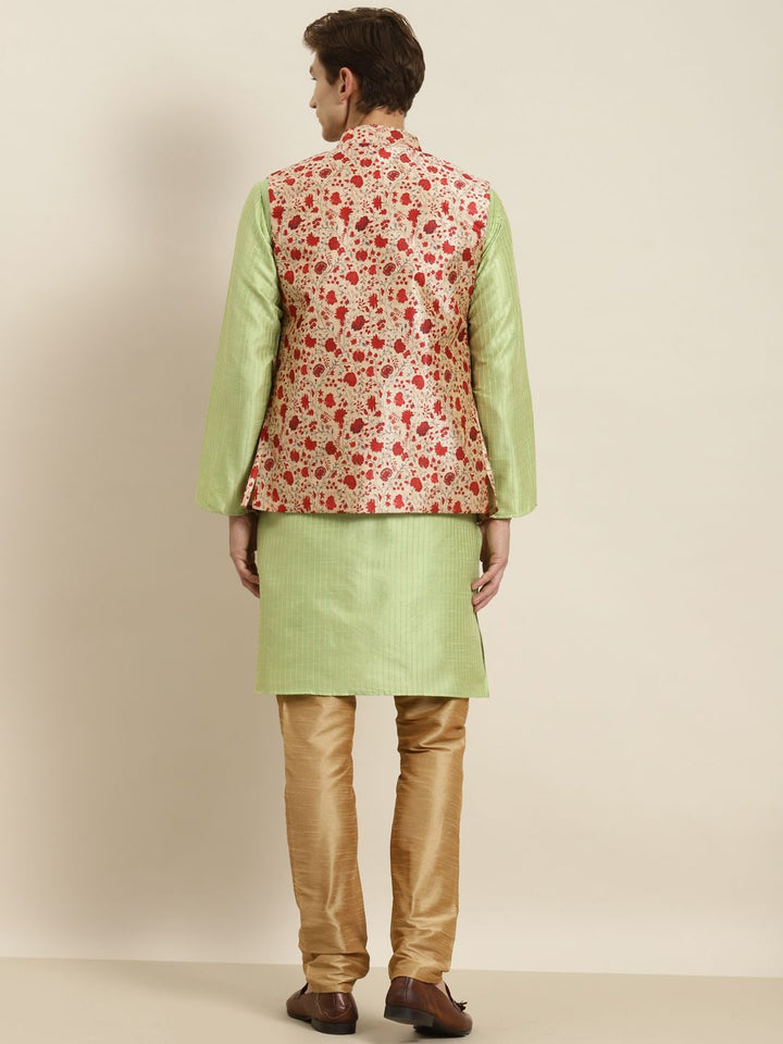 SOJANYA Men Green Striped Kurta with Churidar & Nehru Jacket