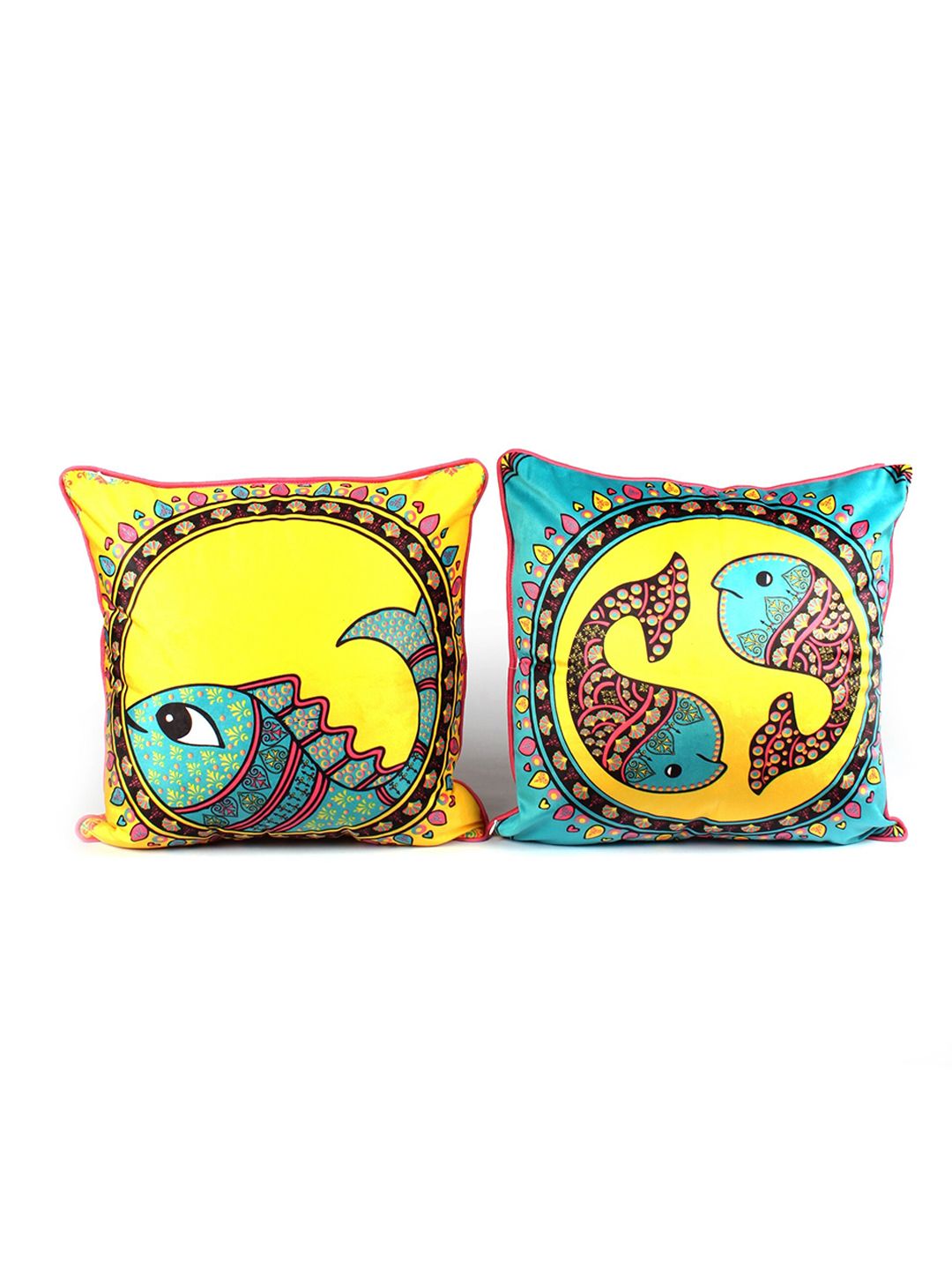 STITCHNEST Yellow & Turquoise Blue 5 Pieces Printed Velvet Square Cushion Covers