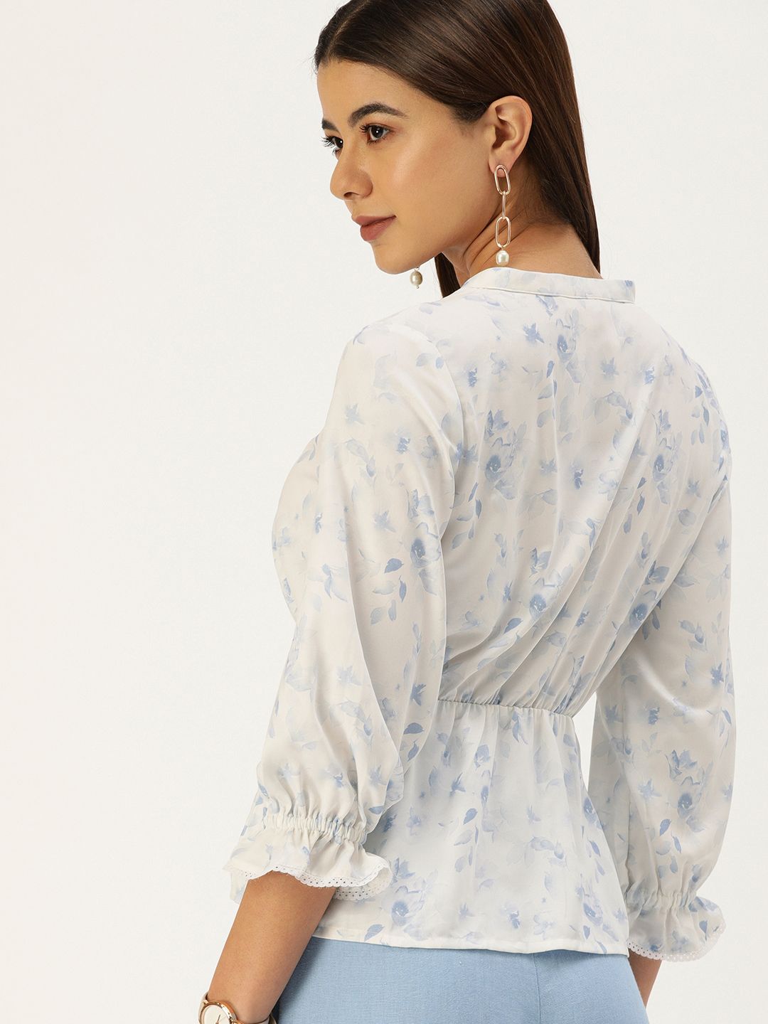 AND White & Blue Tropical Print Mandarin Collar Peplum Top