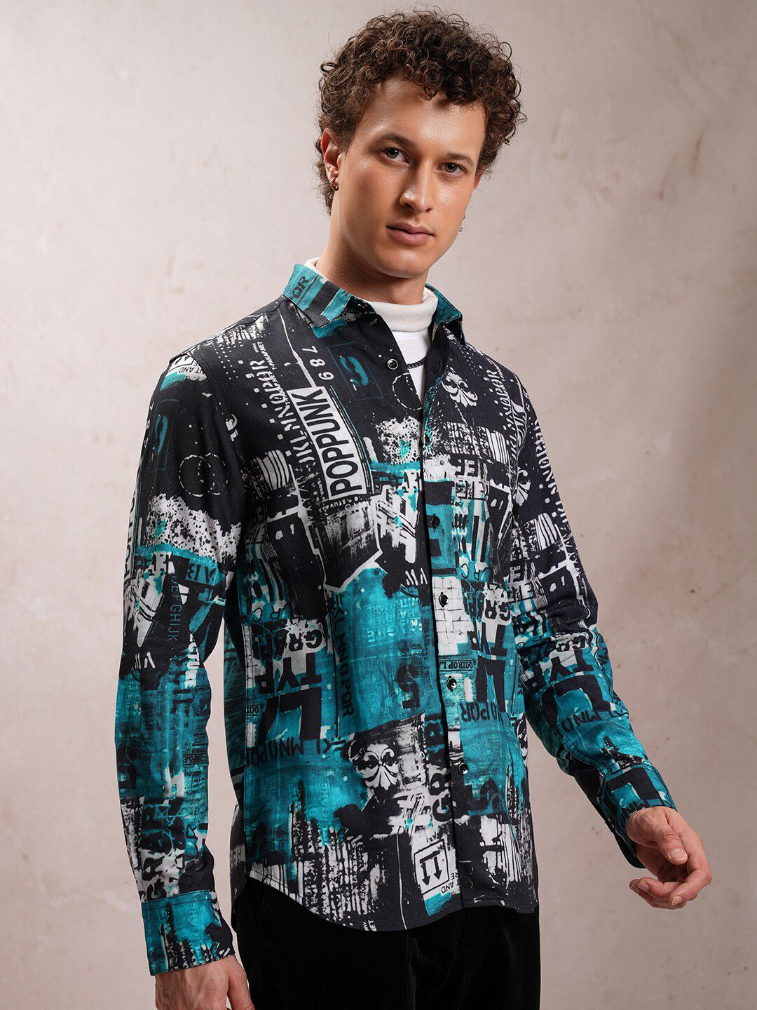LOCOMOTIVE Slim Fit Abstract Printed Luxe Satin Party Shirt