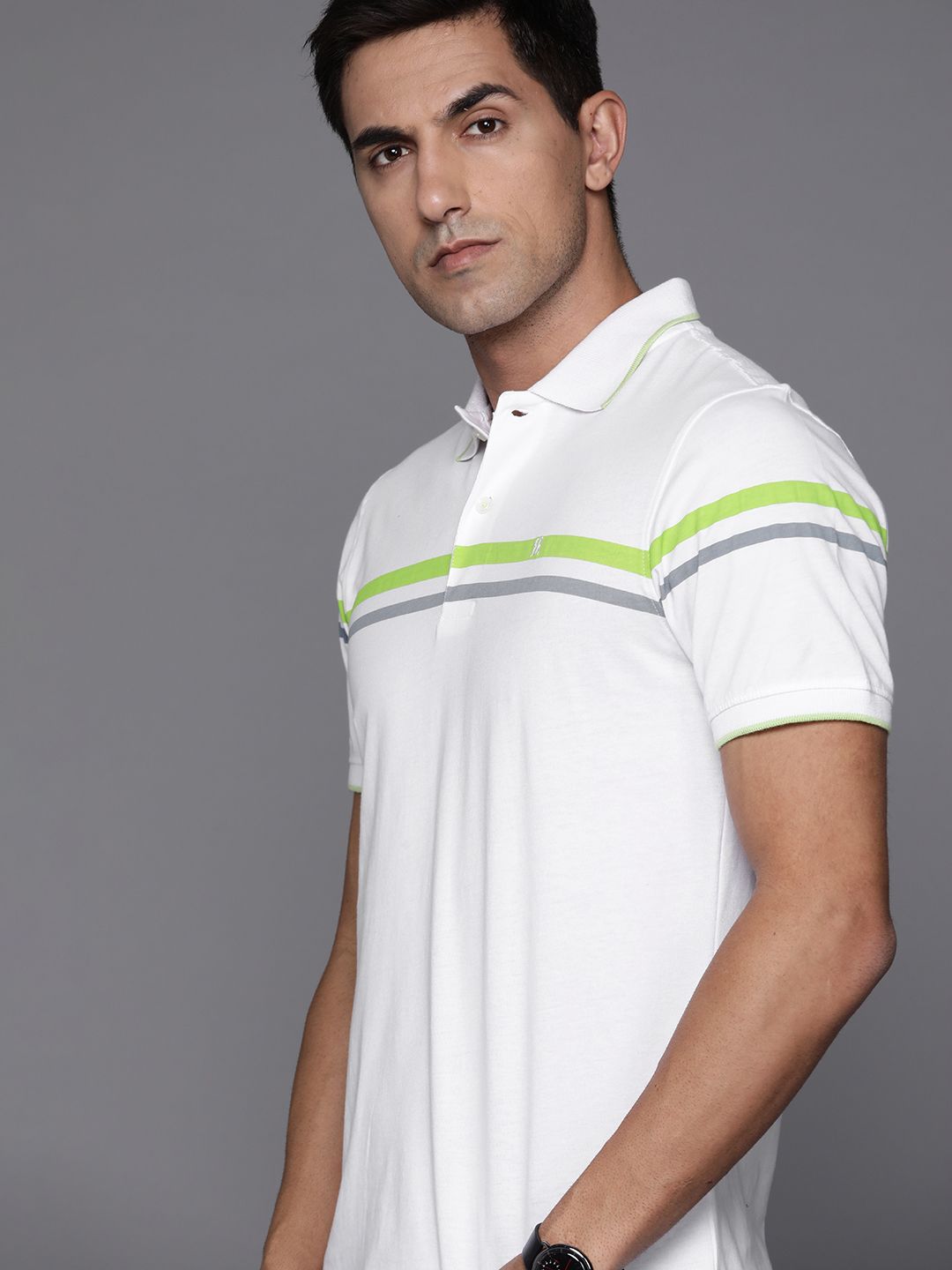 Raymond Men White & Green Printed Polo Collar T-shirt