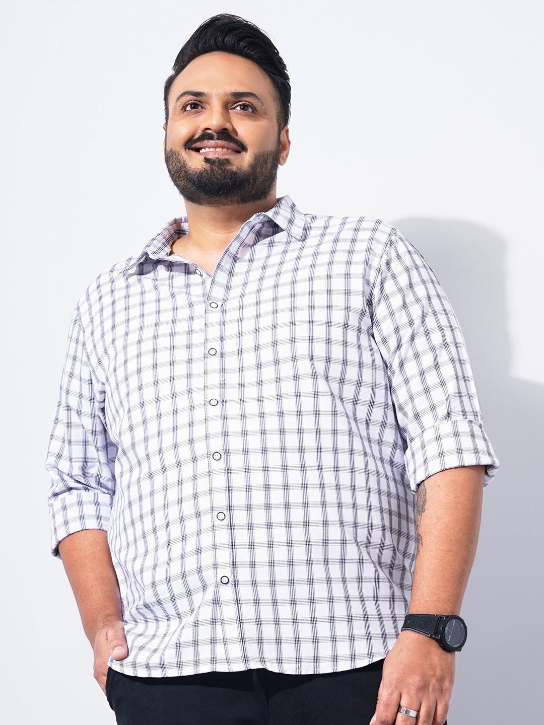 The Indian Garage Co Plus Size Windowpane Checked Cotton Casual Shirt