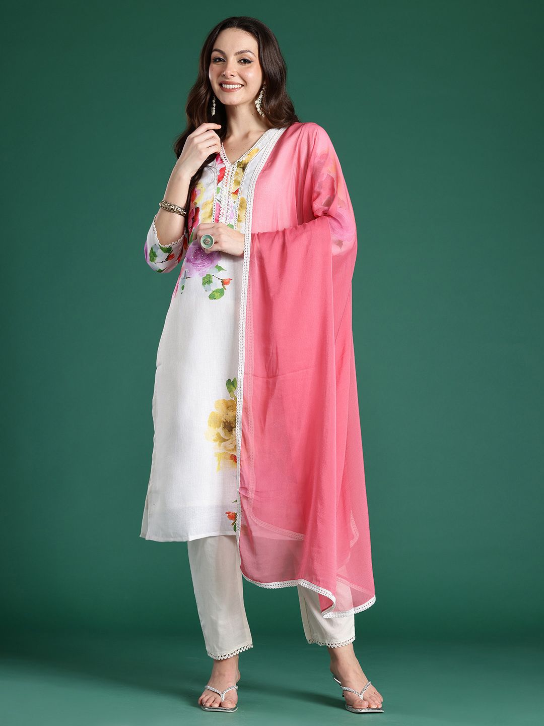 Indo Era Floral Printed Beads and Stones Linen Kurta with Trousers & With Dupatta
