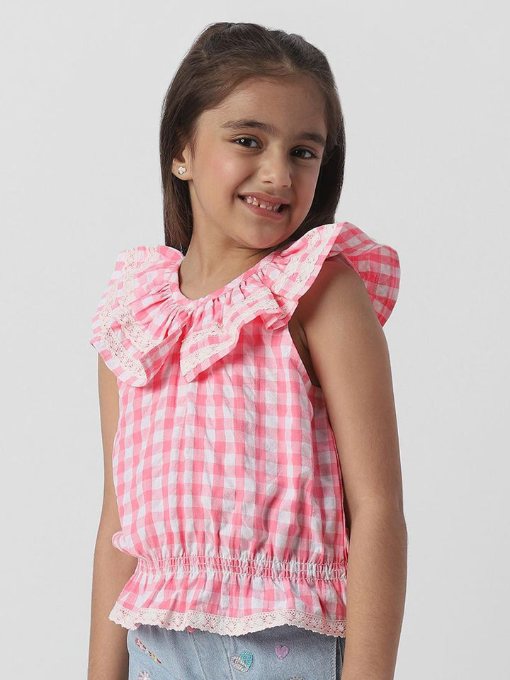 Nauti Nati Girls Gingham Checked Peter Pan Collar Sleeveless Cotton Cinched Waist Top