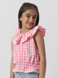 Nauti Nati Girls Gingham Checked Peter Pan Collar Sleeveless Cotton Cinched Waist Top