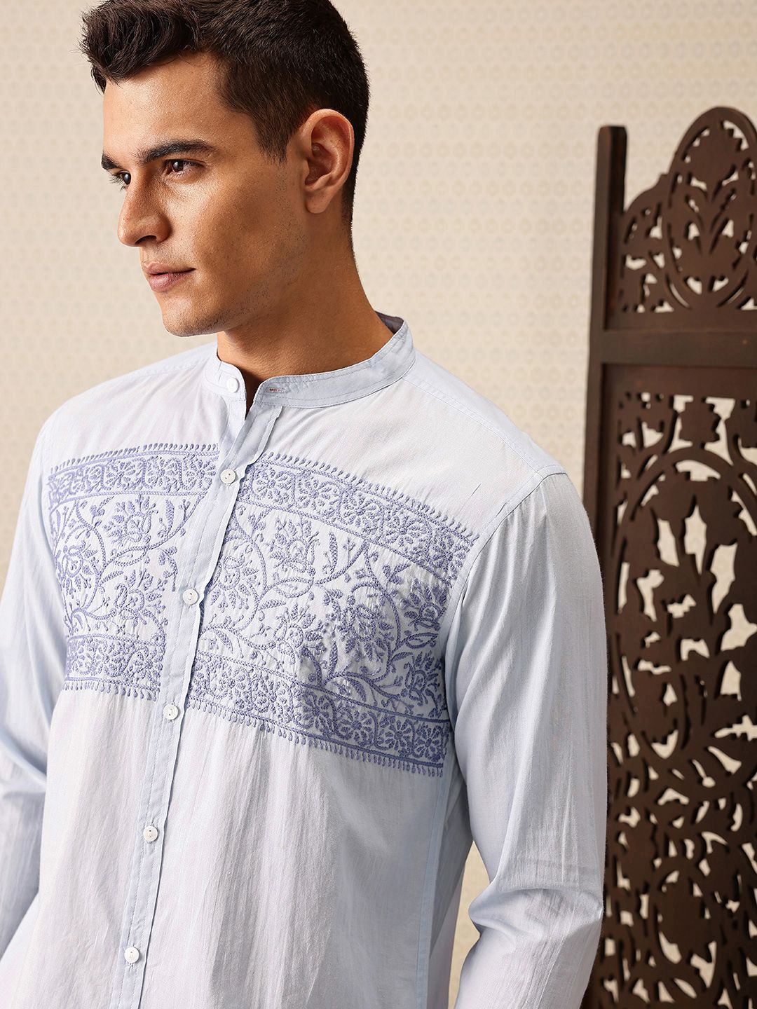 House of Pataudi Floral Embroidered Band Collar Pure Cotton Jashn Shirt