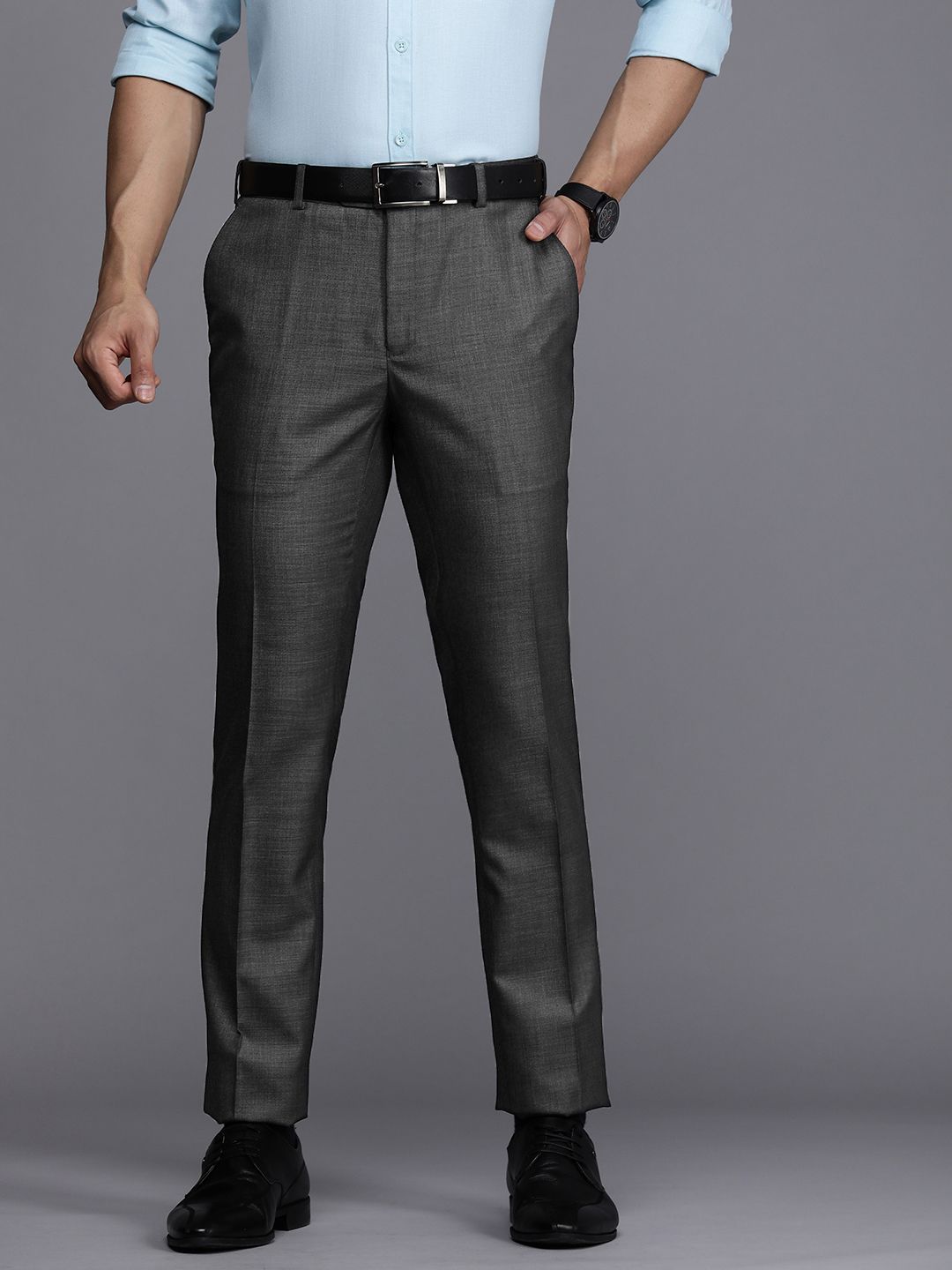 Raymond Men Charcoal Grey Textured Slim Fit Formal Trousers
