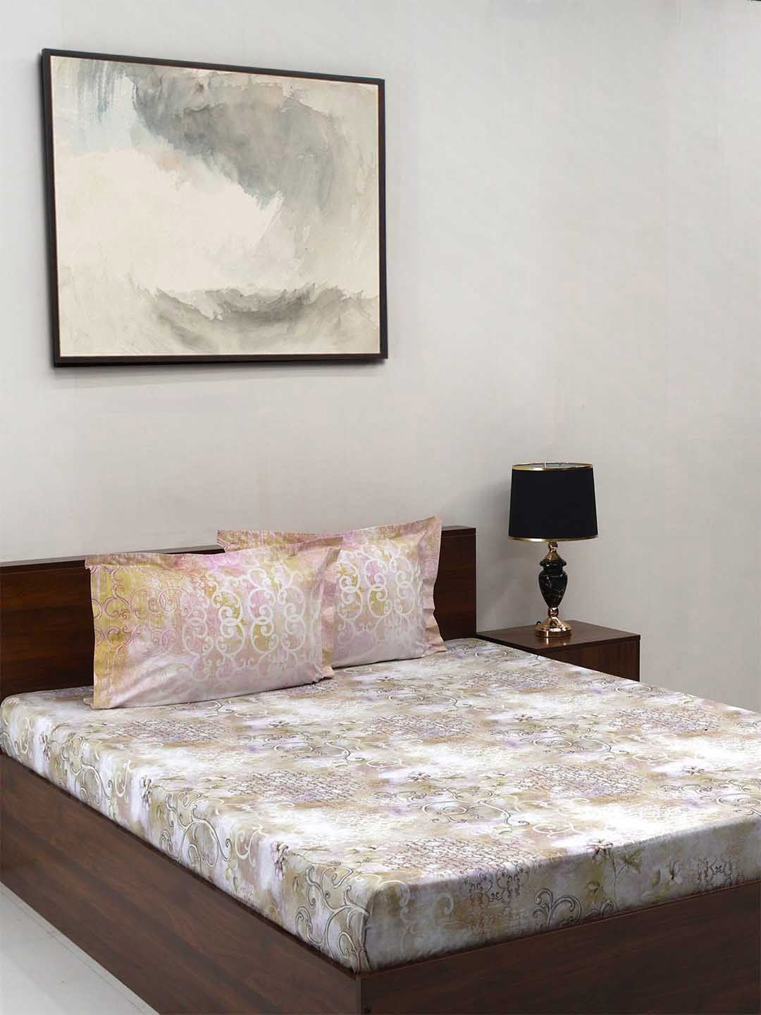 BOMBAY DYEING Fantasque Beige Floral Printed Cotton180 TC King Bedsheet Set 2.74 x 2.74 m
