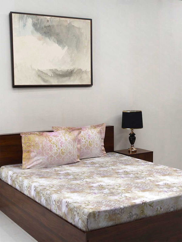BOMBAY DYEING Fantasque Beige Floral Printed Cotton180 TC King Bedsheet Set 2.74 x 2.74 m