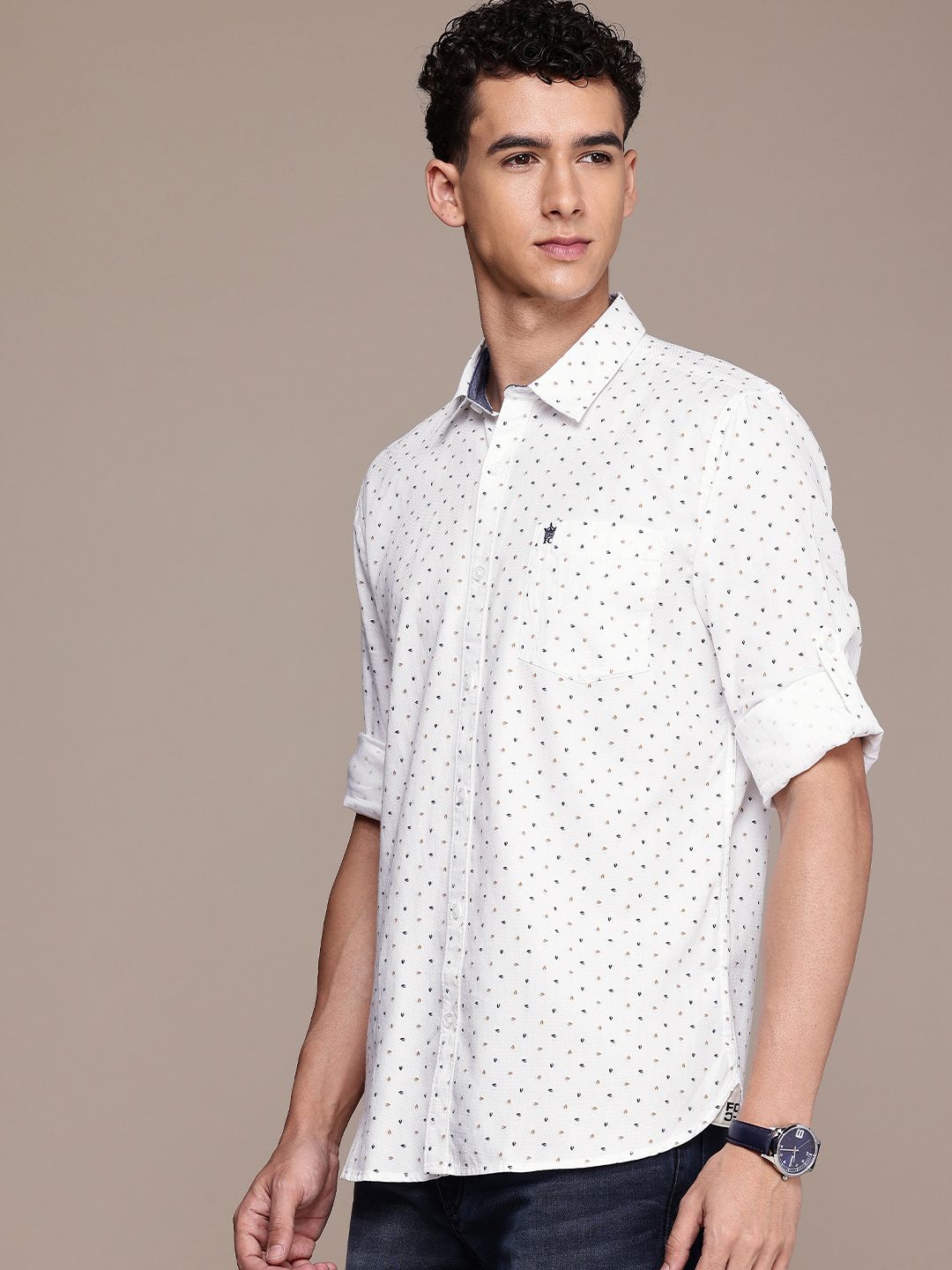 French Connection Slim Fit Micro Ditsy Printed Roll-Up Sleeves Pure Cotton Casual Shirt
