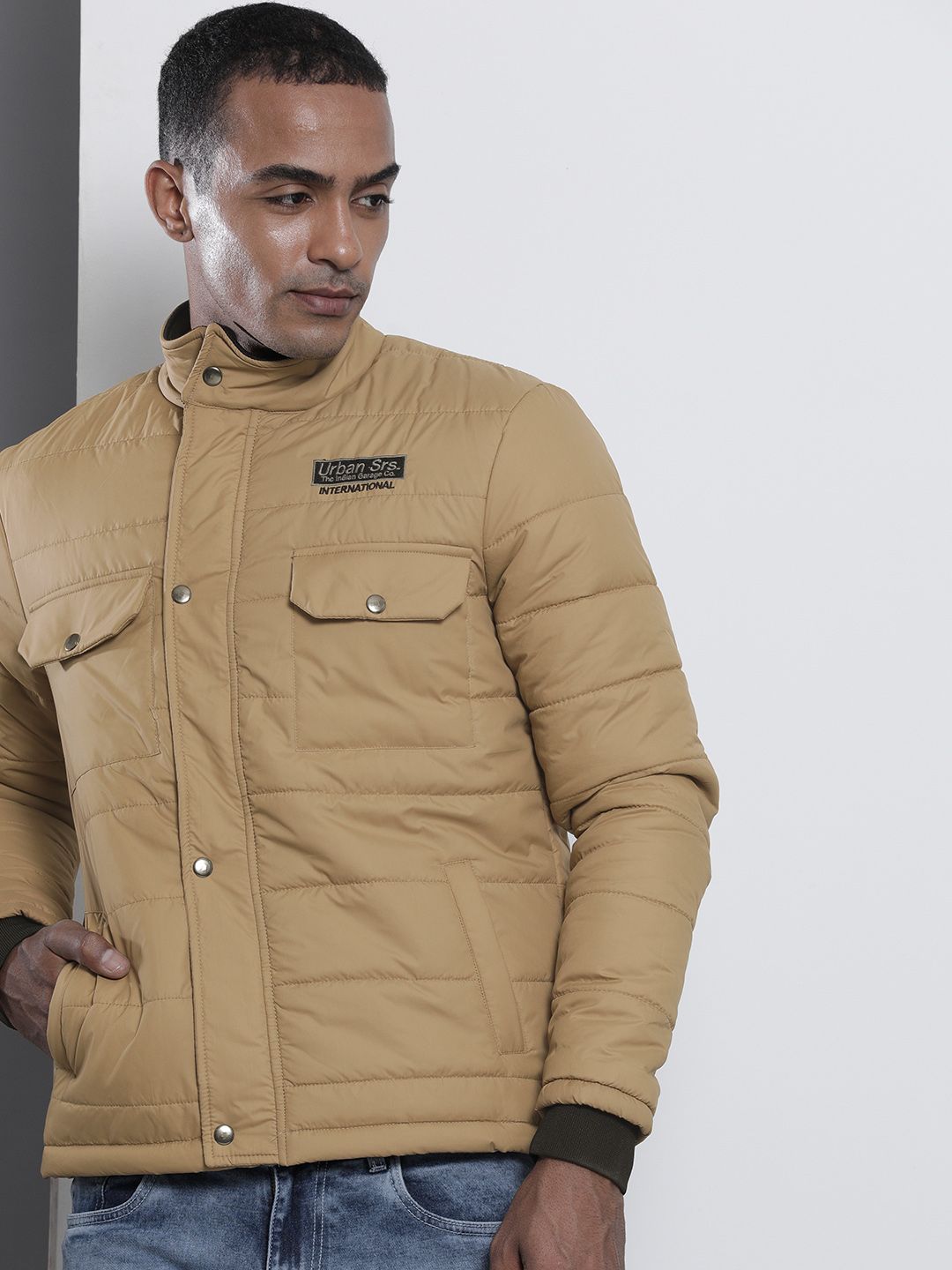 The Indian Garage Co Men Zip-Front Puffer Jacket with Flap-Button Pockets