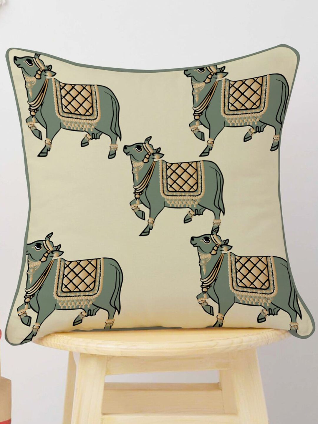 STITCHNEST Cream & Olive Green Set of 5 Ethnic Motifs Velvet Square Cushion Covers