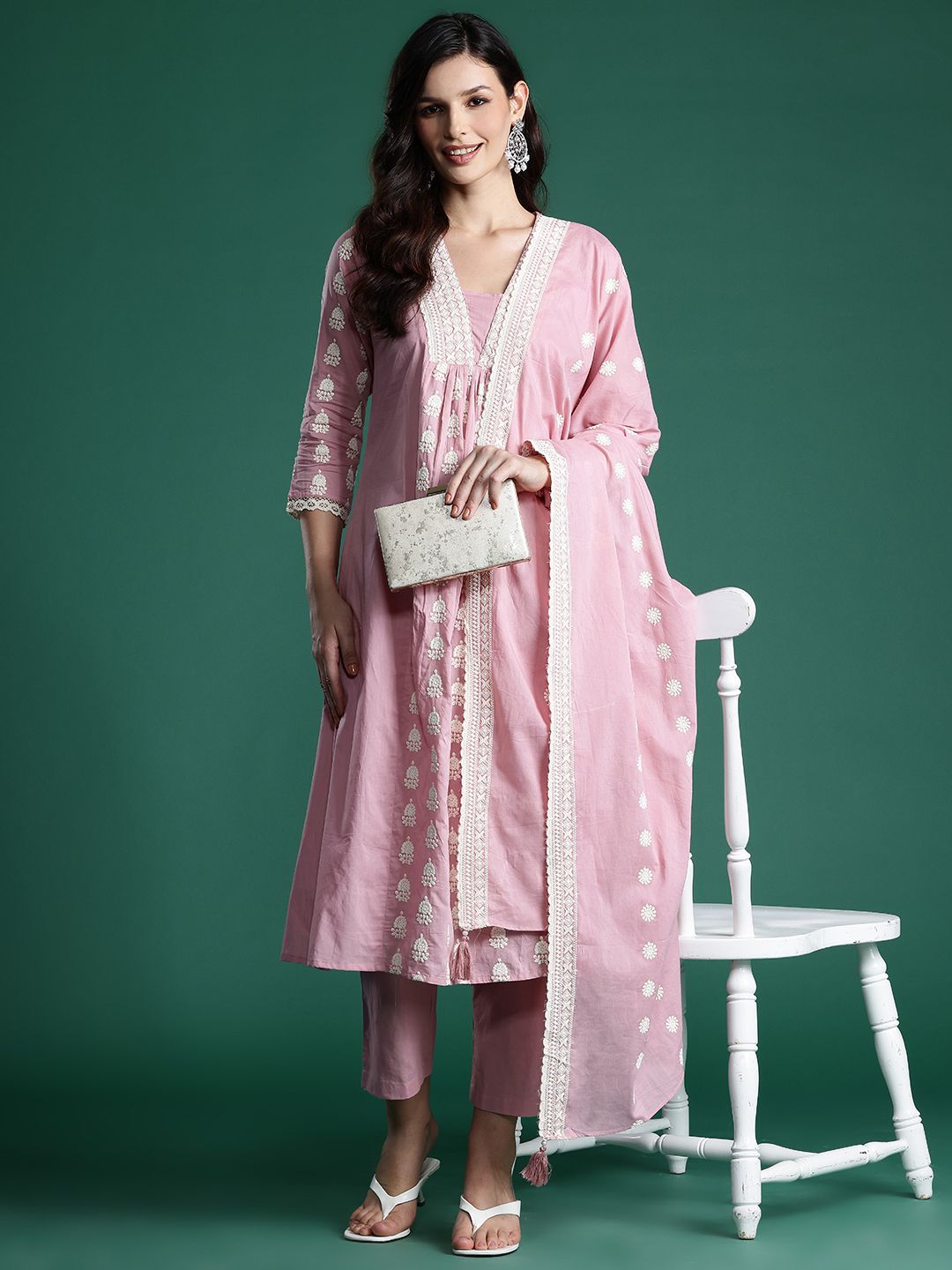 Indo Era Ethnic Motifs Embroidered Pleated Thread Work Pure Cotton Kurta Set