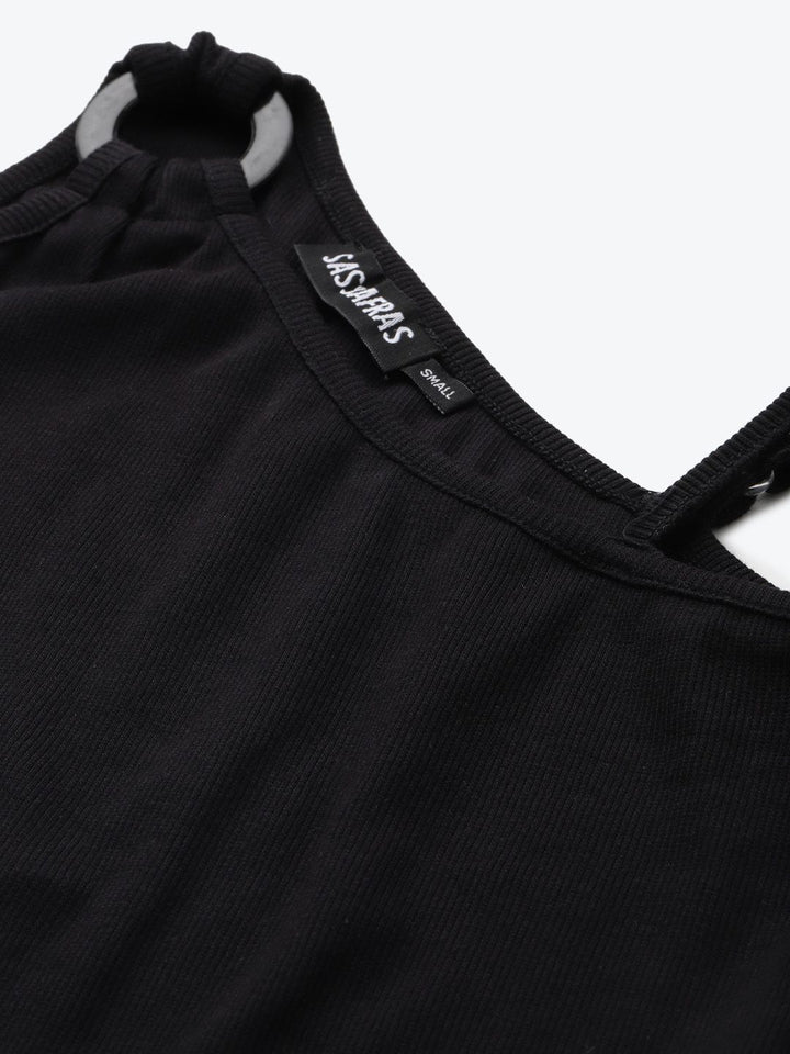 SASSAFRAS Black Solid Strappy Crop Top