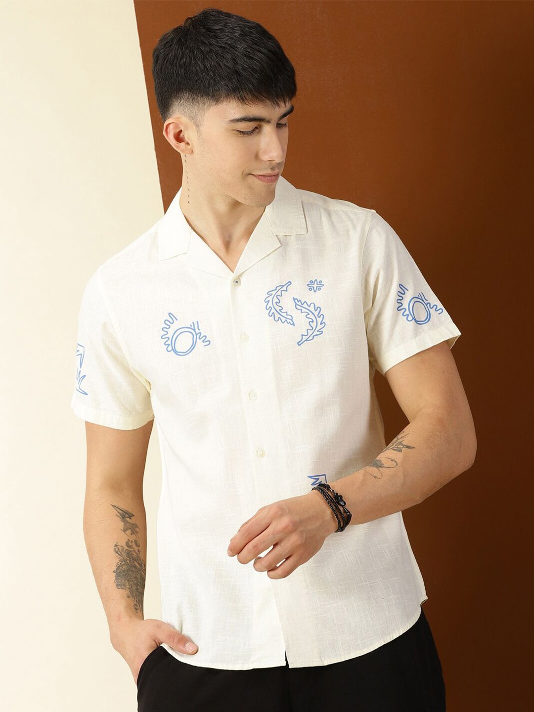 Thomas Scott Premium Conversational Printed Cuban Collar Cotton Casual Shirt
