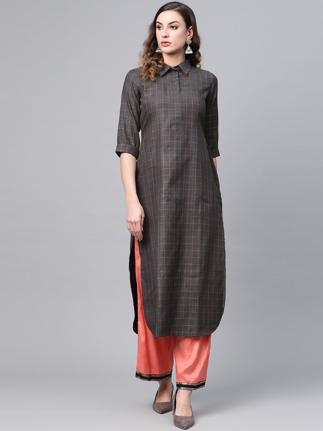 Gerua By Libas Women Charcoal Grey  Orange Checked Pathani Kurta