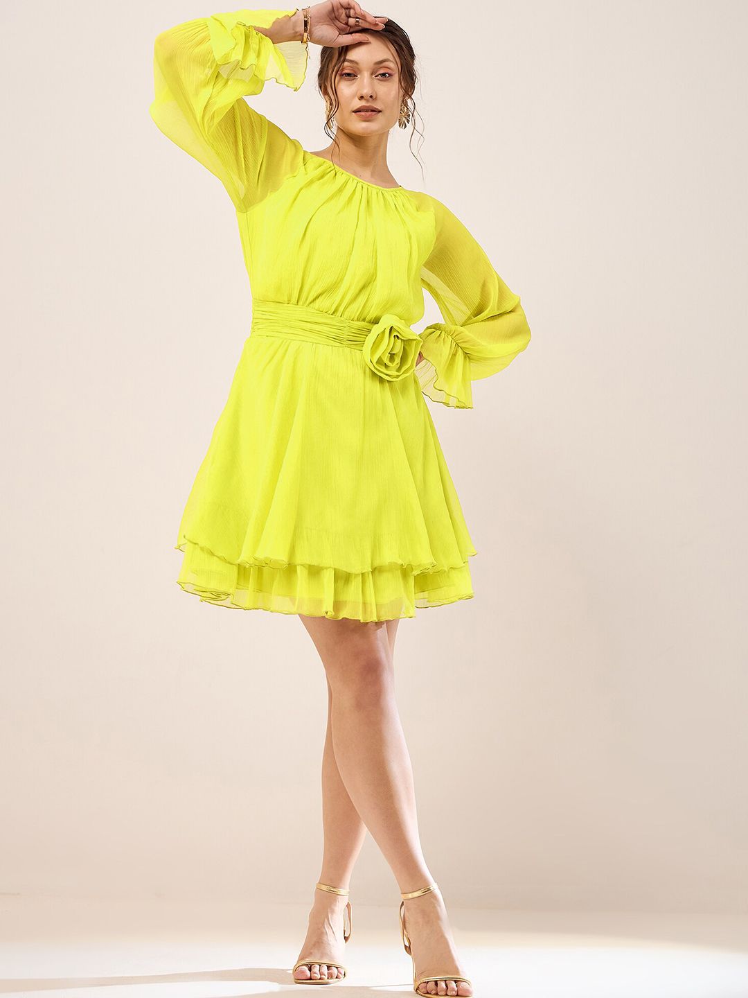 Antheaa Lime Green Cuff Sleeve Chiffon Fit & Flare Dress