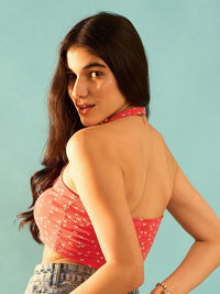 Berrylush Red Floral Printed Halter Neck Cotton T-shirt