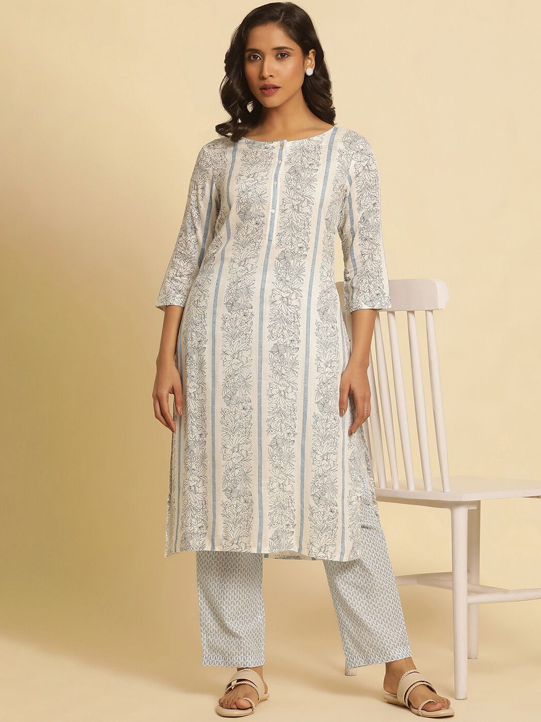 W Floral Printed Round Neck Straight Kurta With Trouser