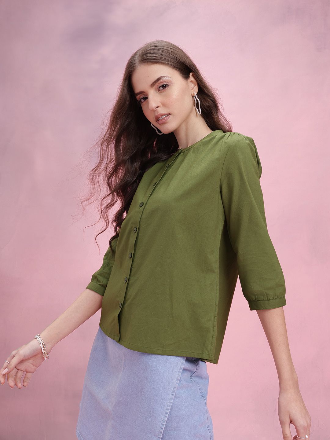 DressBerry Mandarin Collar Puff Sleeve Shirt Style Top with Gathered Details