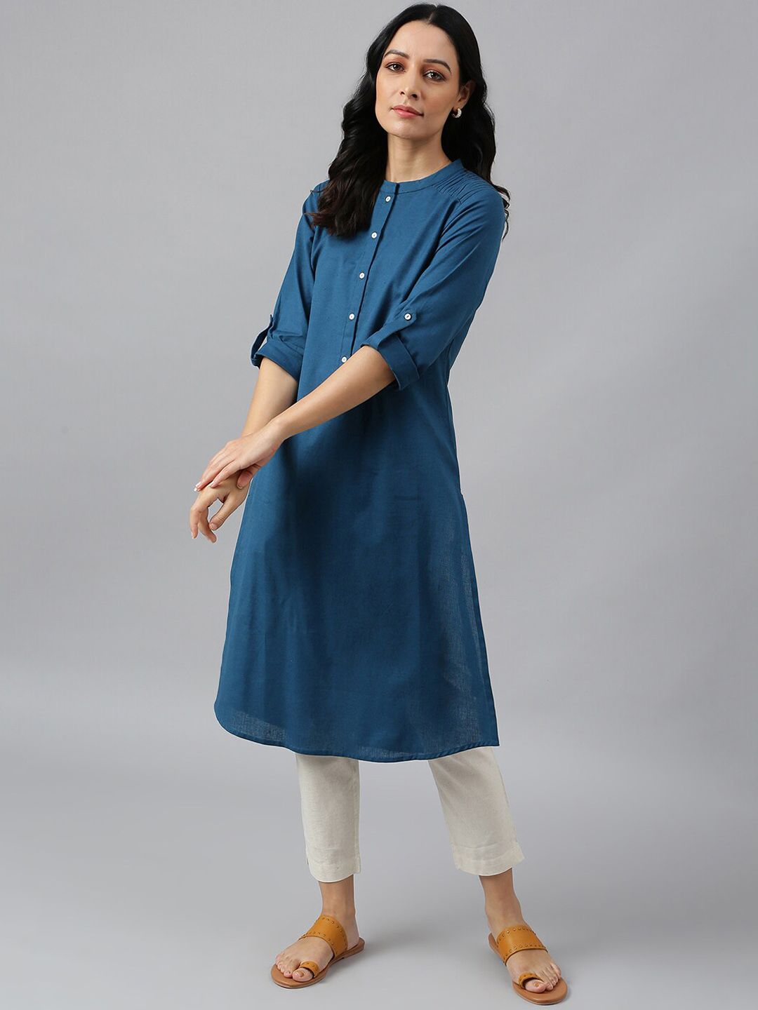 W Blue Mandarin Collar Roll-Up Sleeves Pathani Kurta