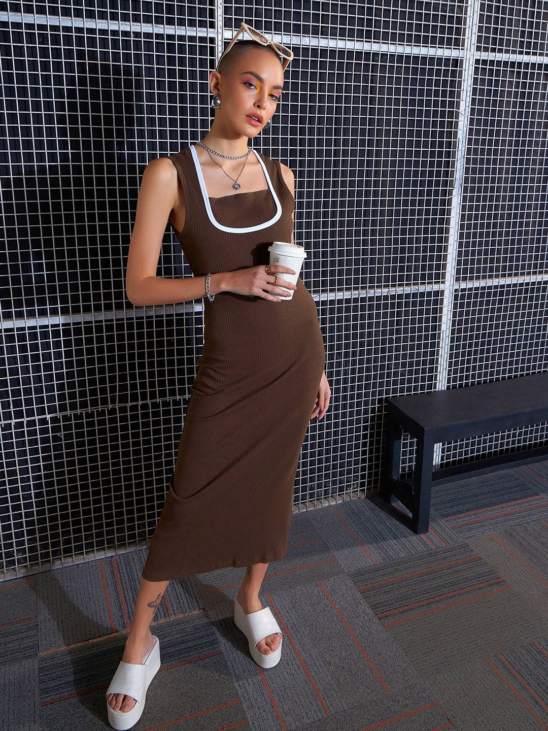 SASSAFRAS Brown Square Neck Sheath Midi Dress