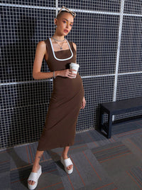 SASSAFRAS Brown Square Neck Sheath Midi Dress