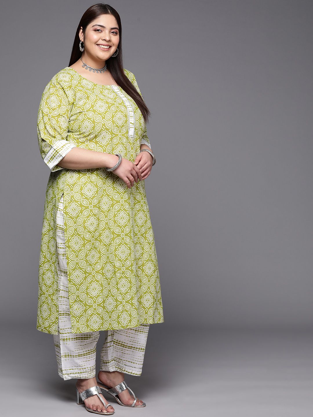 EXTRA LOVE BY LIBAS Plus Size Bandhani Printed Gotta Patti Pure Cotton Kurta Set