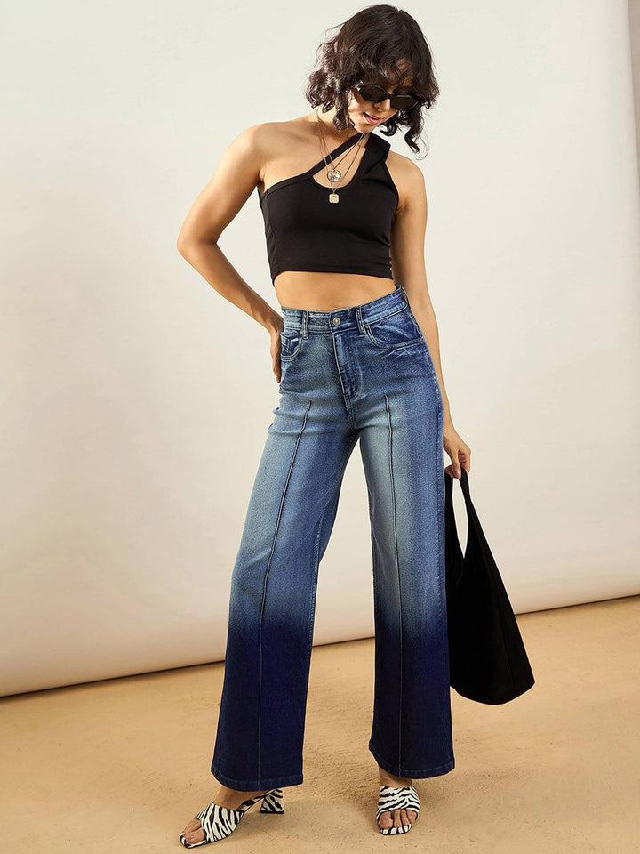 SASSAFRAS Women Straight Fit High-Rise Heavy Fade Ombre Stretchable Jeans