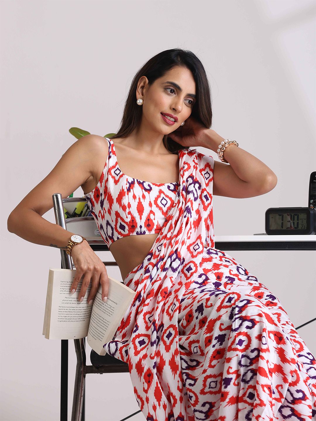 trueBrowns Carrot Muslin Ikat Sleeveless Saree Blouse