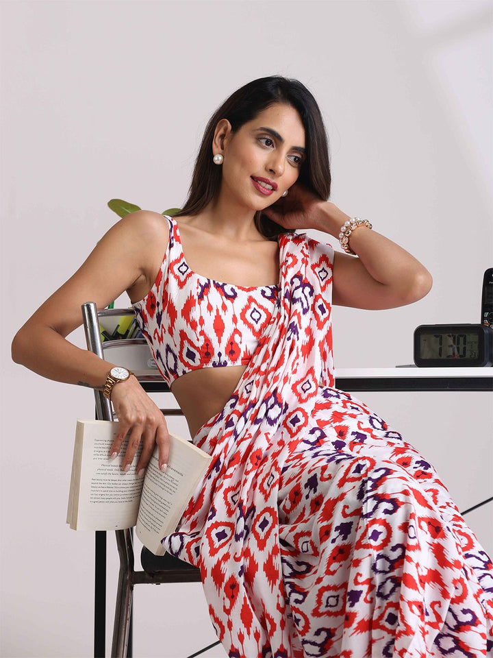trueBrowns Carrot Muslin Ikat Sleeveless Saree Blouse