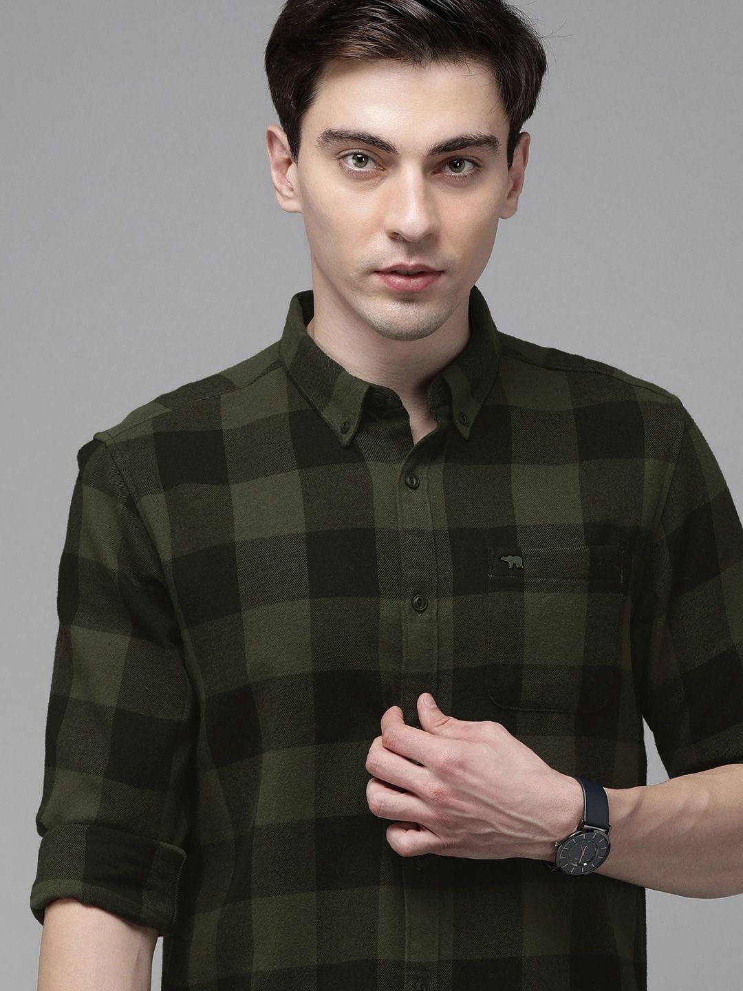 THE BEAR HOUSE Men Olive Green Slim Fit Pure Cotton Checked Casual Shirt