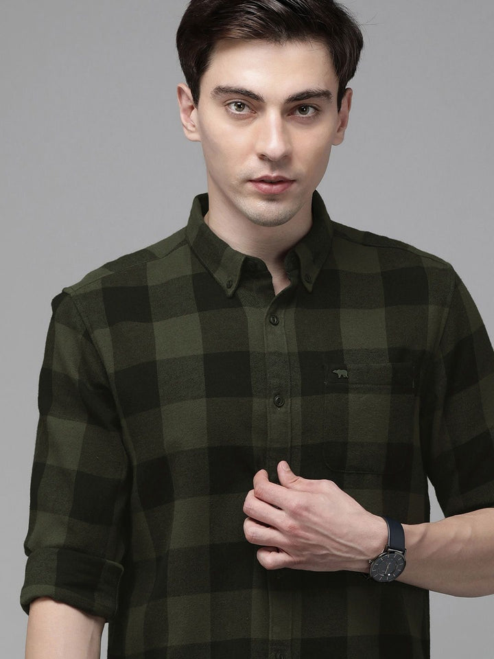 THE BEAR HOUSE Men Olive Green Slim Fit Pure Cotton Checked Casual Shirt