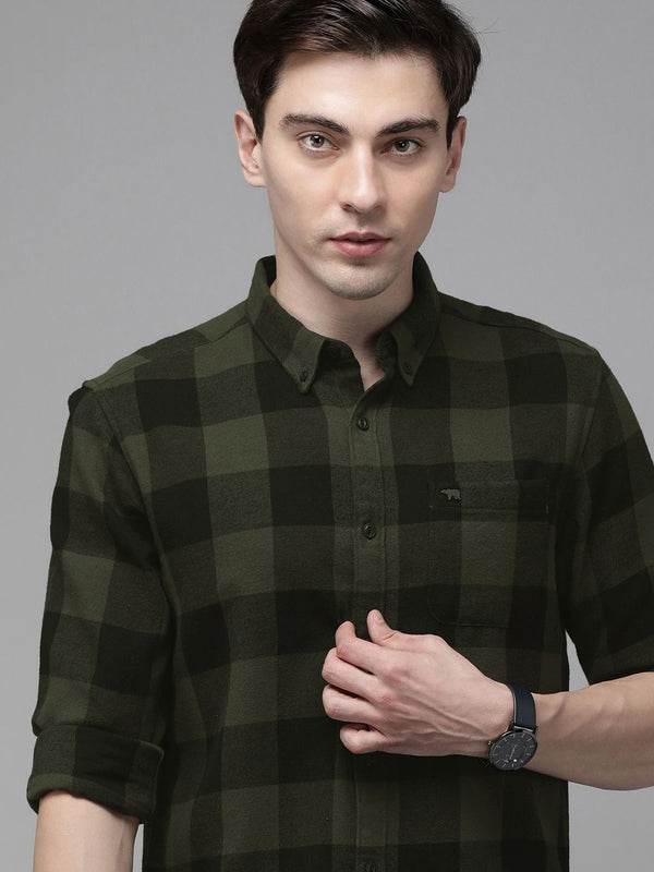 Lelaki Bear House Olive Green Slim Fit Cotton Murni Memeriksa Baju Kasual