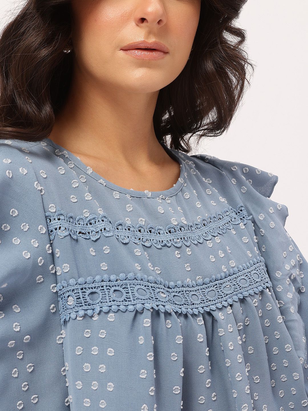 DressBerry Cozy Kawaii Dobby Weave Lace Inserts Ruffled Top