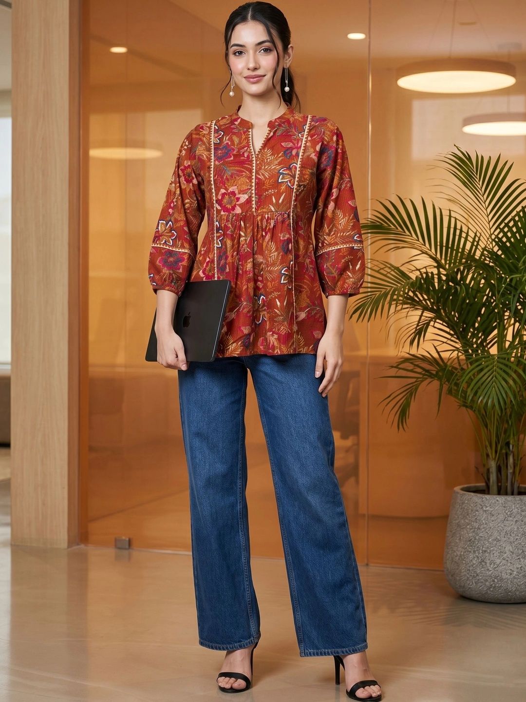 Mamicha Floral Print Mandarin Collar Puff Sleeve Cotton Peplum Top