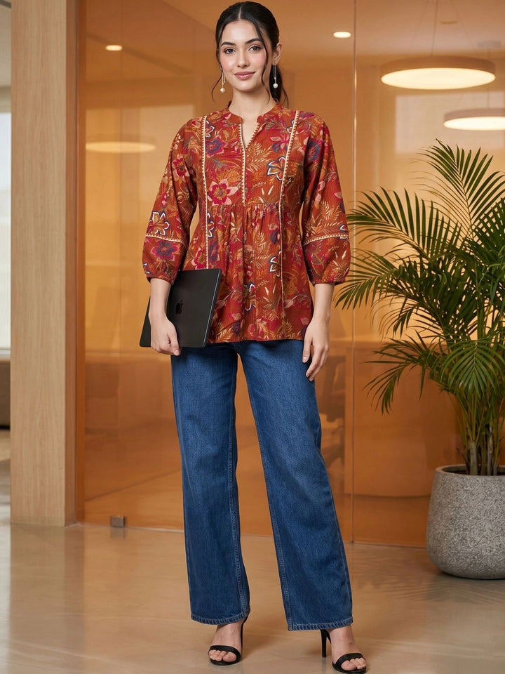 Mamicha Floral Print Kolar Mandarin Puff Lengan Cotton Peplum Top