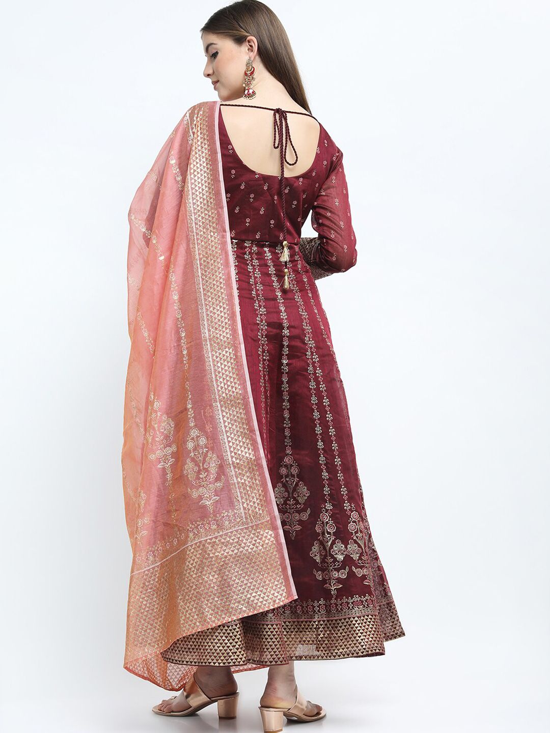 Vishudh Maroon Ethnic Motifs Ethnic Maxi Dress with Dupatta