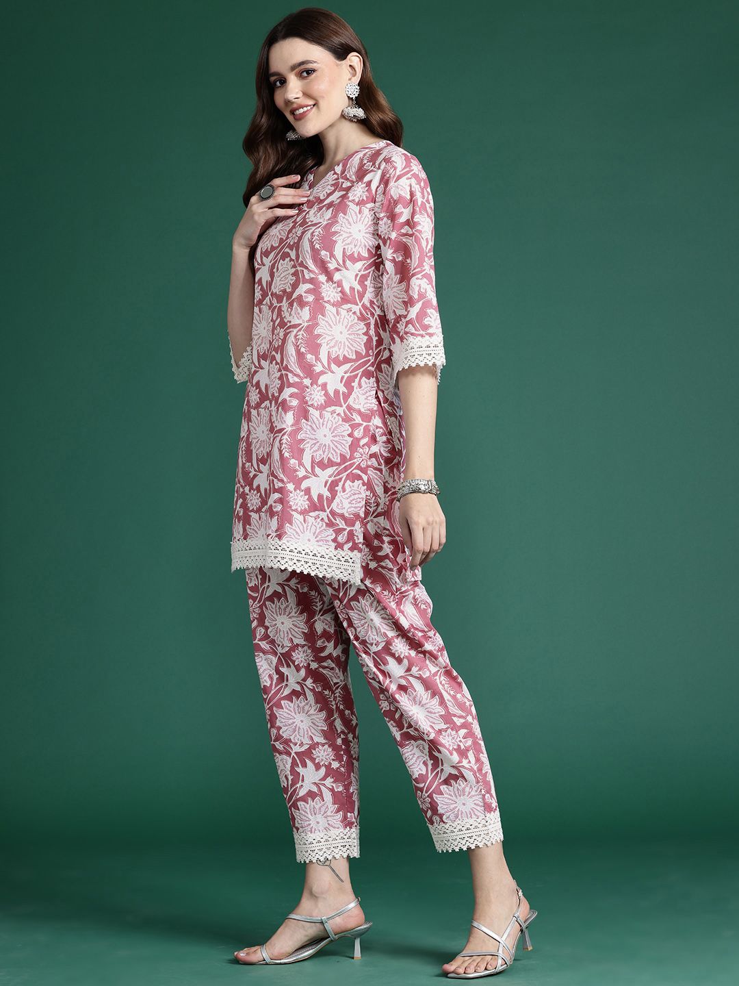 Indo Era Floral Printed Pure Cotton Tunic With Trousers