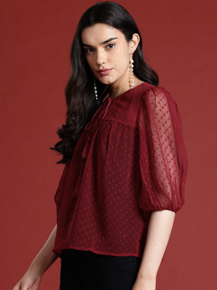 all about you Dobby Woven Tie-Up Neck Puff Sleeve Top