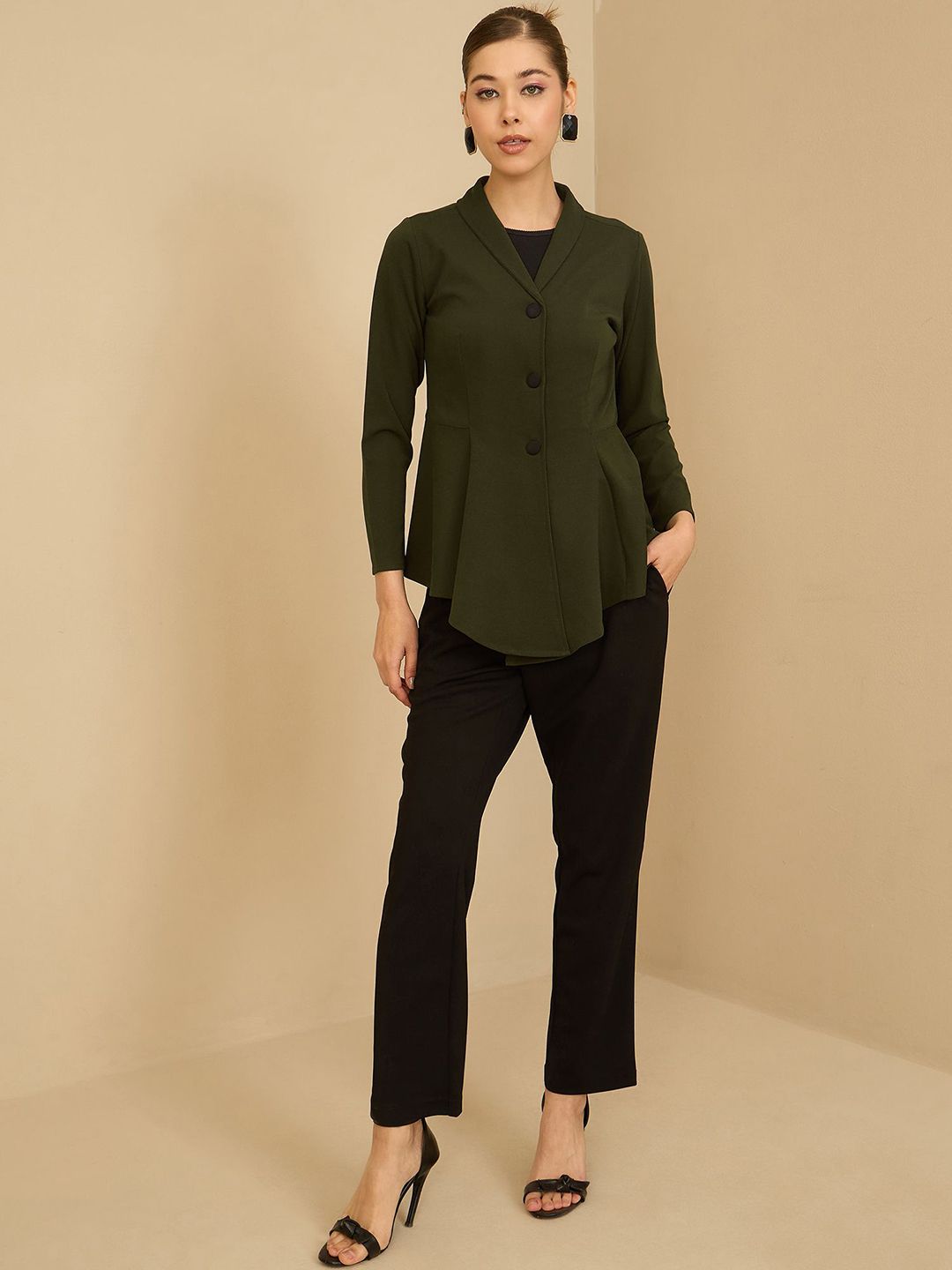 Antheaa Green Shawl Collar Jacket With Trousers
