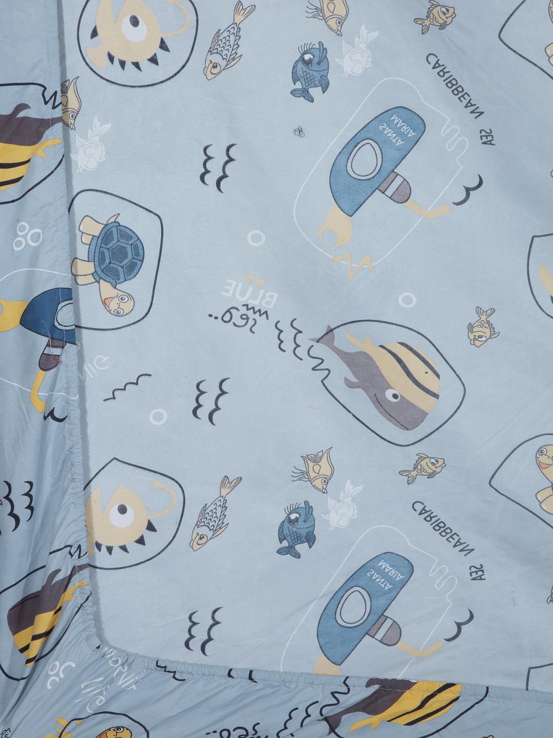 KLOTTHE Blue & Yellow Graphic 300 TC Fitted Double Bedsheet with 2 Pillow Covers