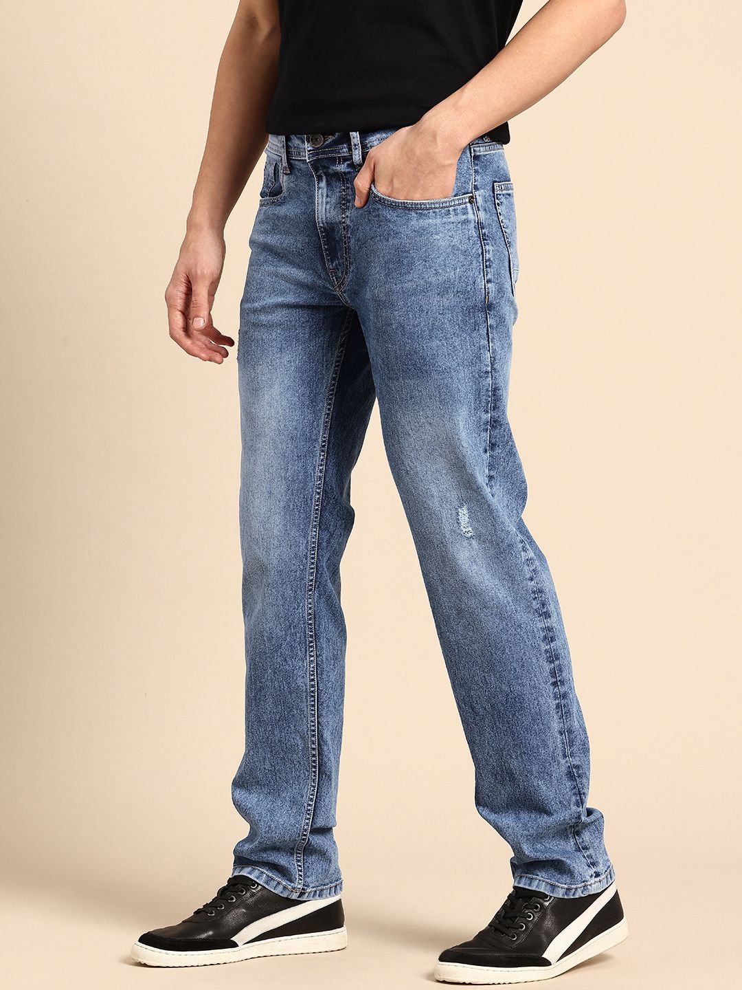 Being Human Men Straight Fit Low Distress Heavy Fade Stretchable Jeans