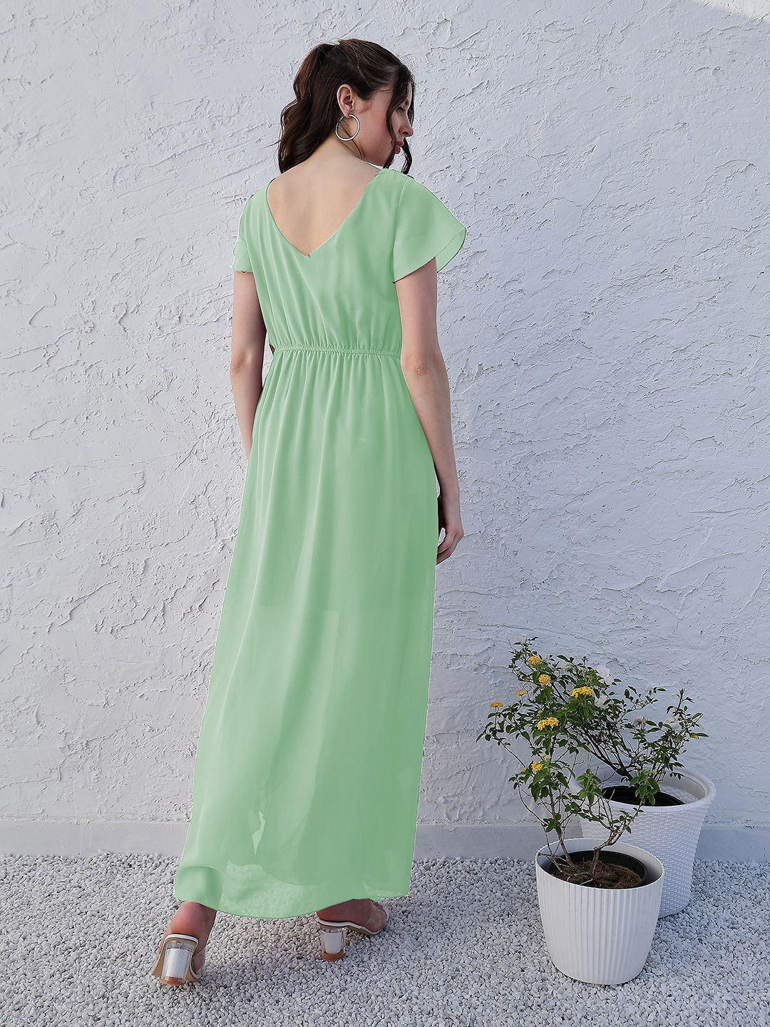 Athena Green V-Neck Flared Sleeve Ruffled Georgette Maxi Dress