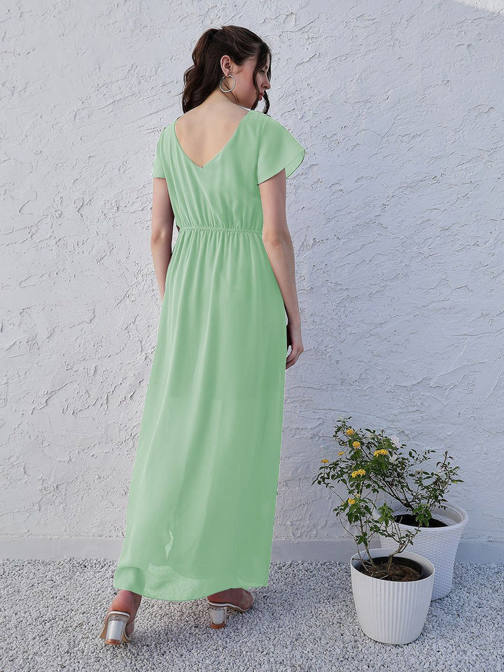 Athena Green V-Neck Flared Sleeve Ruffled Georgette Maxi Dress