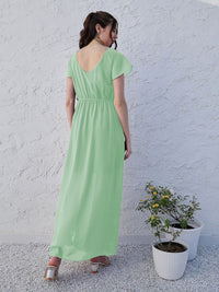 Athena Green V-Neck Flared Sleeve Ruffled Georgette Maxi Dress