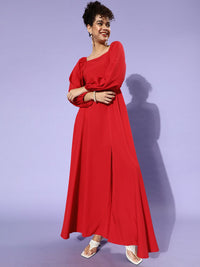 Berrylush Women Red Solid Puff Sleeves Dress