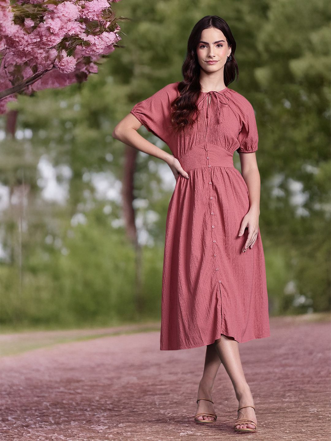 DressBerry Tie-Up Neck Textured Gathered Detail A-Line Midi Dress