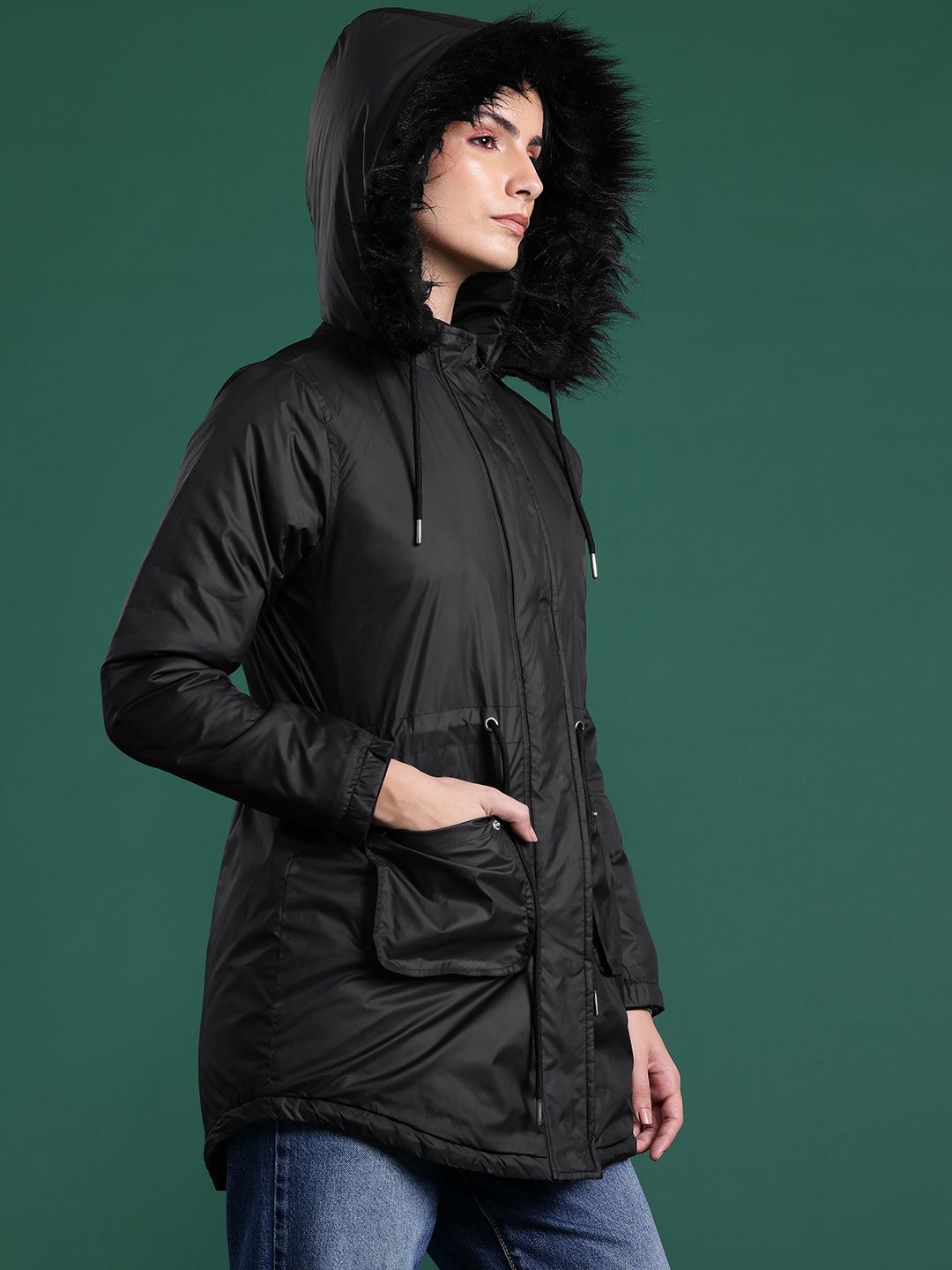 DressBerry Hooded Faux Fur Longline Parka Jacket